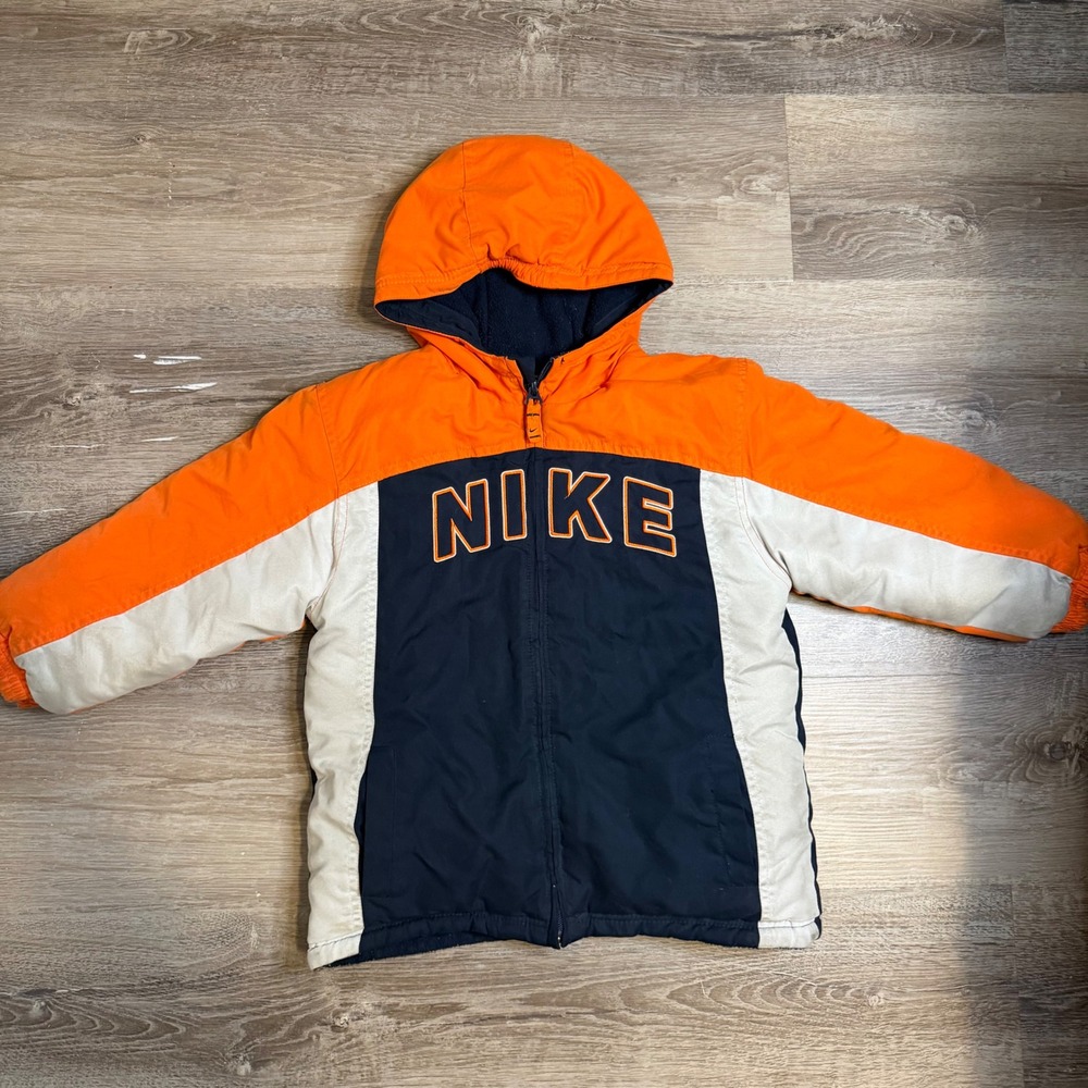 90s Nike Boys Orange Navy Colorblock Hooded Puffer Jacket Spellout Logo Size 6